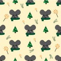 New Year 2020 seamless pattern. Gray mouse in a green knitted scarf, Background with a festive rat and a Christmas tree. with cand Royalty Free Stock Photo